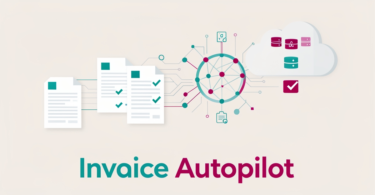 Flat illustration of an invoice transforming into digital data through an AI hub, with teal and magenta accents and the headline Invoice Autopilot.
